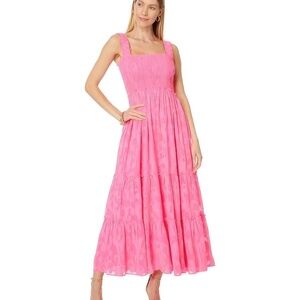 Lilly Pulitzer Hadly Smocked Maxi Dress- Roxie Pink Poly Crepe Swirl Size L